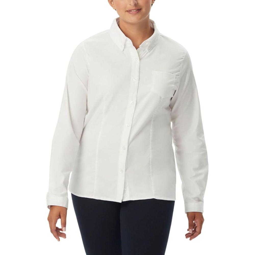 French Toast Womens Juniors Fitted Long Sleeve Oxford Shirt, White, Large(White)