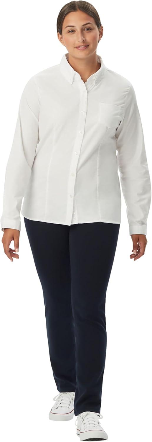 French Toast Womens Juniors Fitted Long Sleeve Oxford Shirt, White, Large(White)
