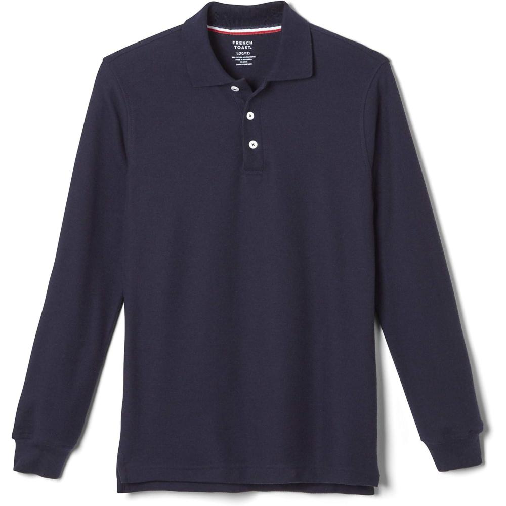 French Toast Men’s Long Sleeve Cotton Blend Pique Polo Shirt(Navy)