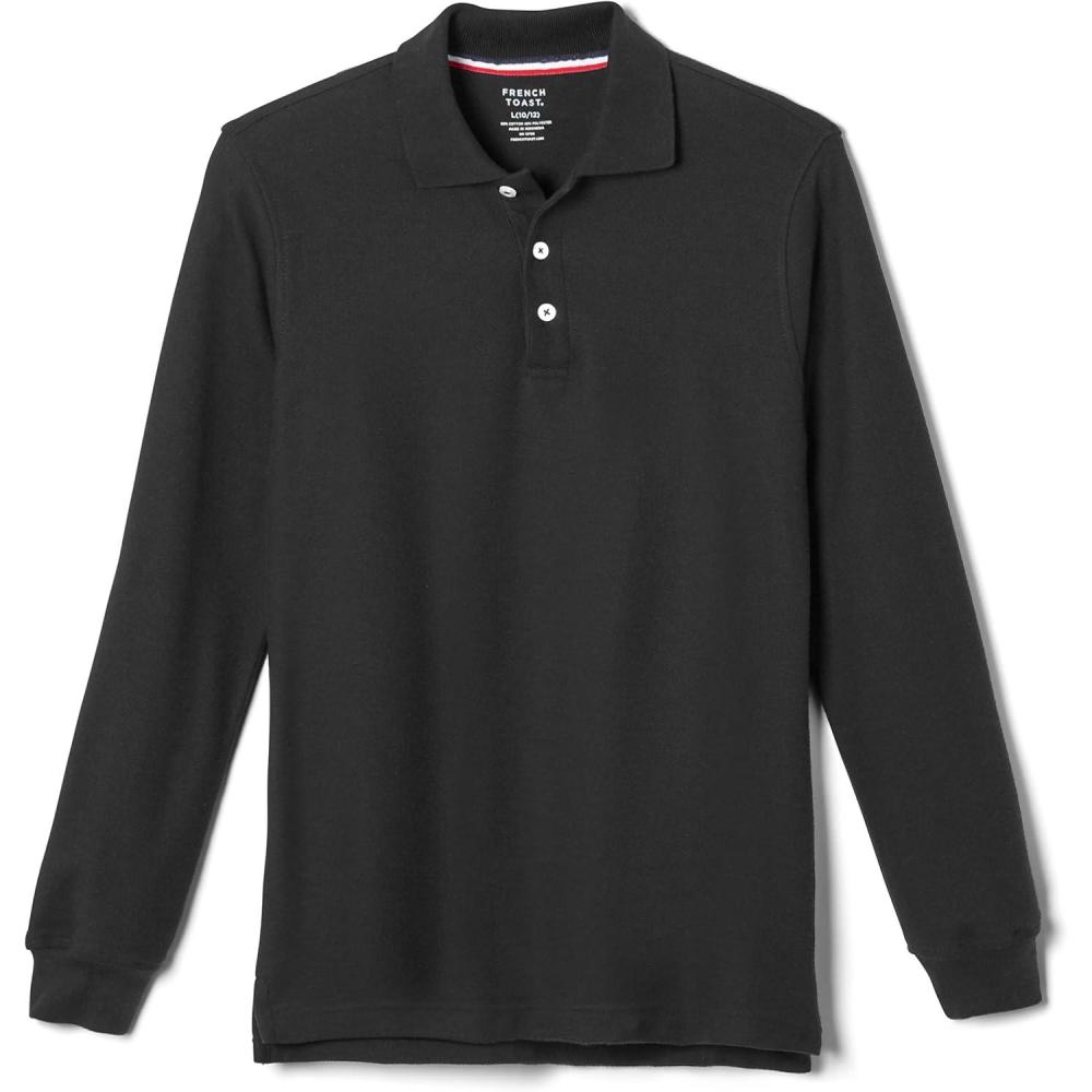 French Toast Men’s Long Sleeve Cotton Blend Pique Polo Shirt(Black)