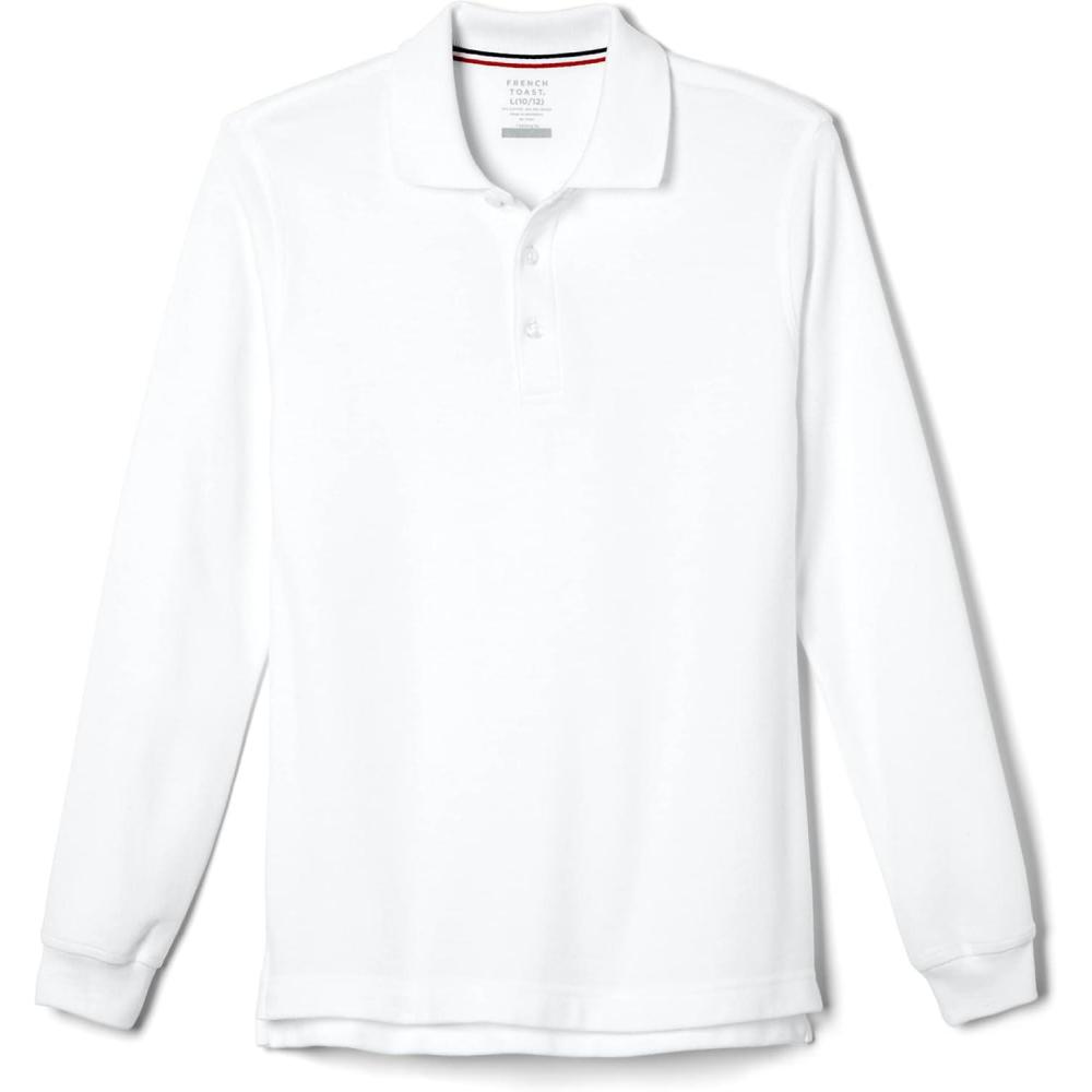 French Toast Men’s Long Sleeve Cotton Blend Pique Polo Shirt(White)