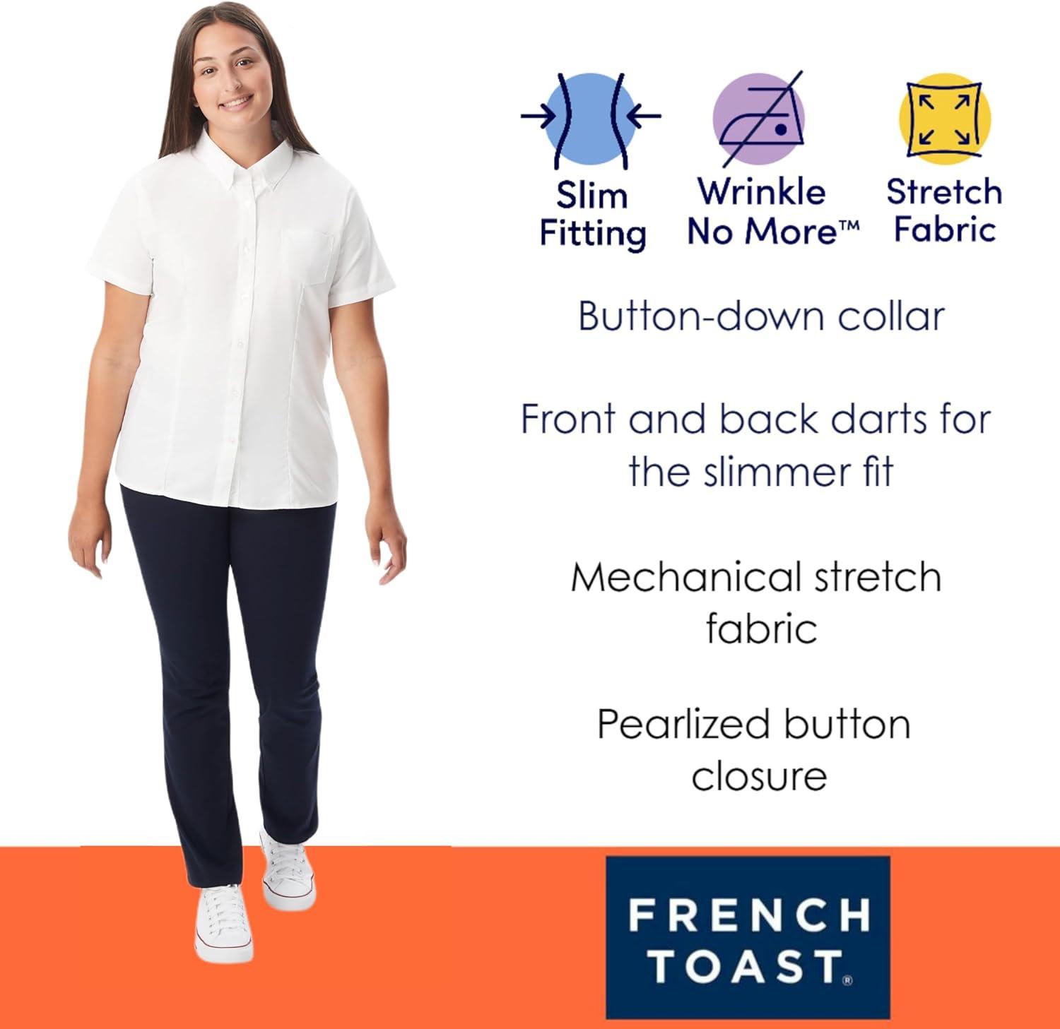 French Toast Women’s Junior’s Fitted Wrinkle-Resistant Oxford Shirt with Short Sleeves(White)
