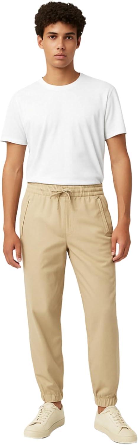 French Toast Men’s Stretch Twill Jogger with Zipper Pockets(Khaki)