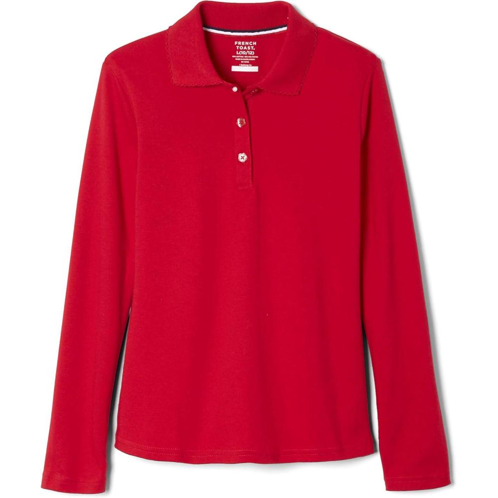 French Toast Girls Plus Size’ Uniform Long Sleeve Polo with Picot Collar (Standard & Plus)(Red)
