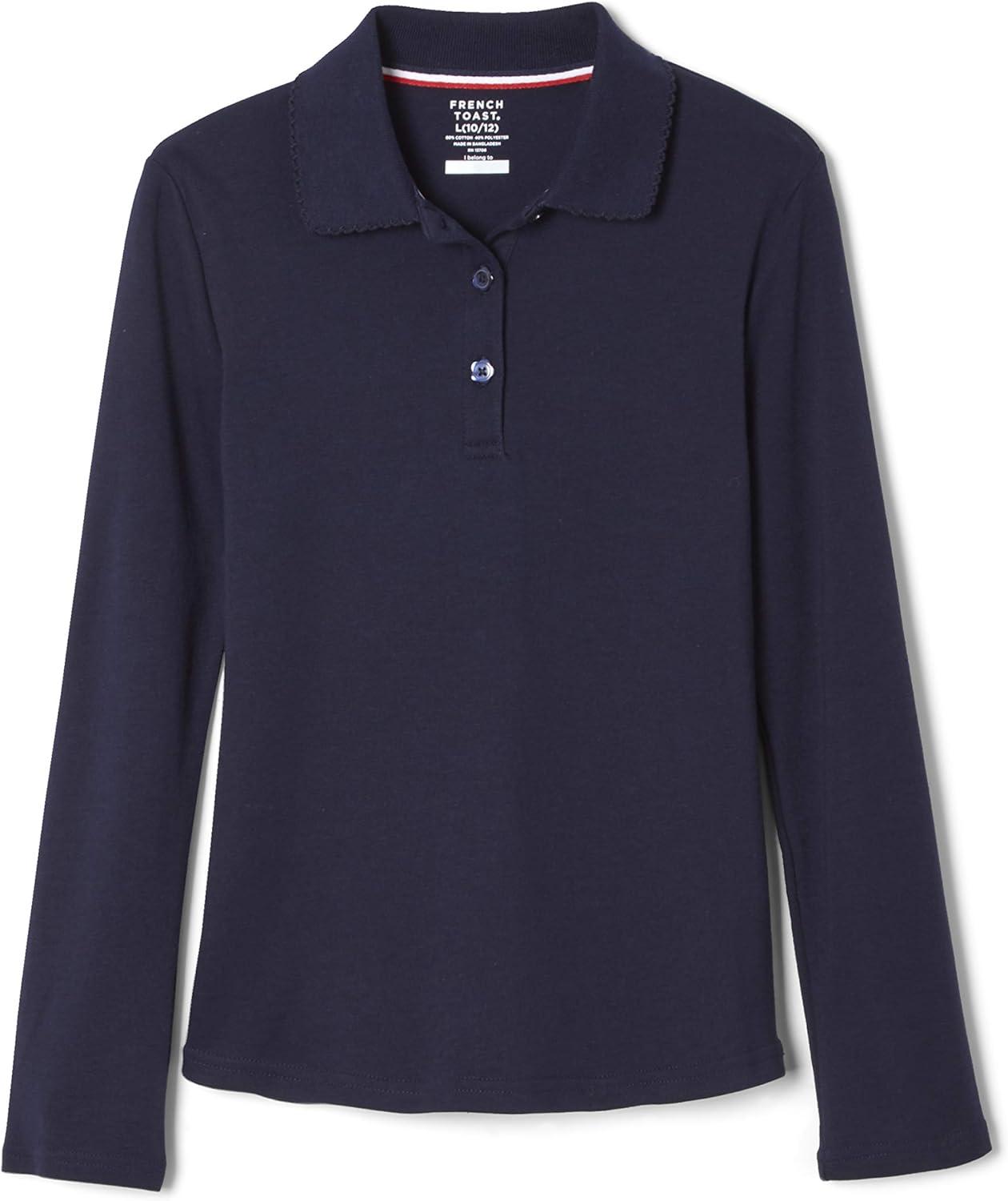French Toast Girls Plus Size’ Uniform Long Sleeve Polo with Picot Collar (Standard & Plus)(Navy)