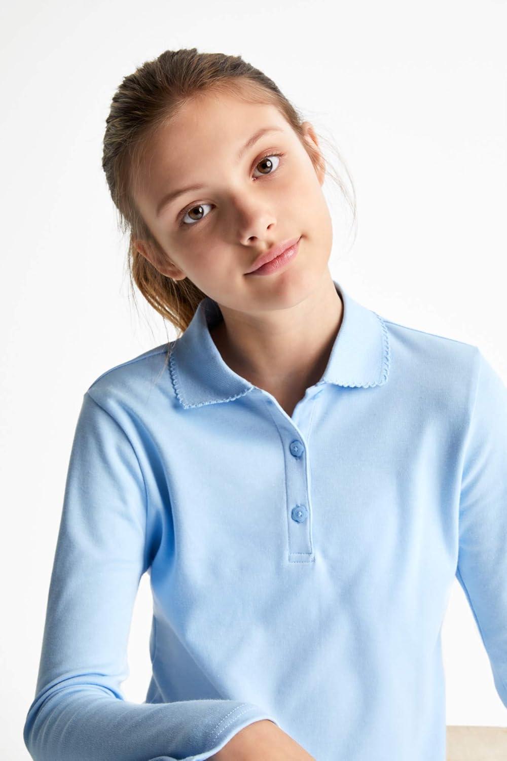 French Toast Girls Plus Size’ Uniform Long Sleeve Polo with Picot Collar (Standard & Plus)(Light Blue)