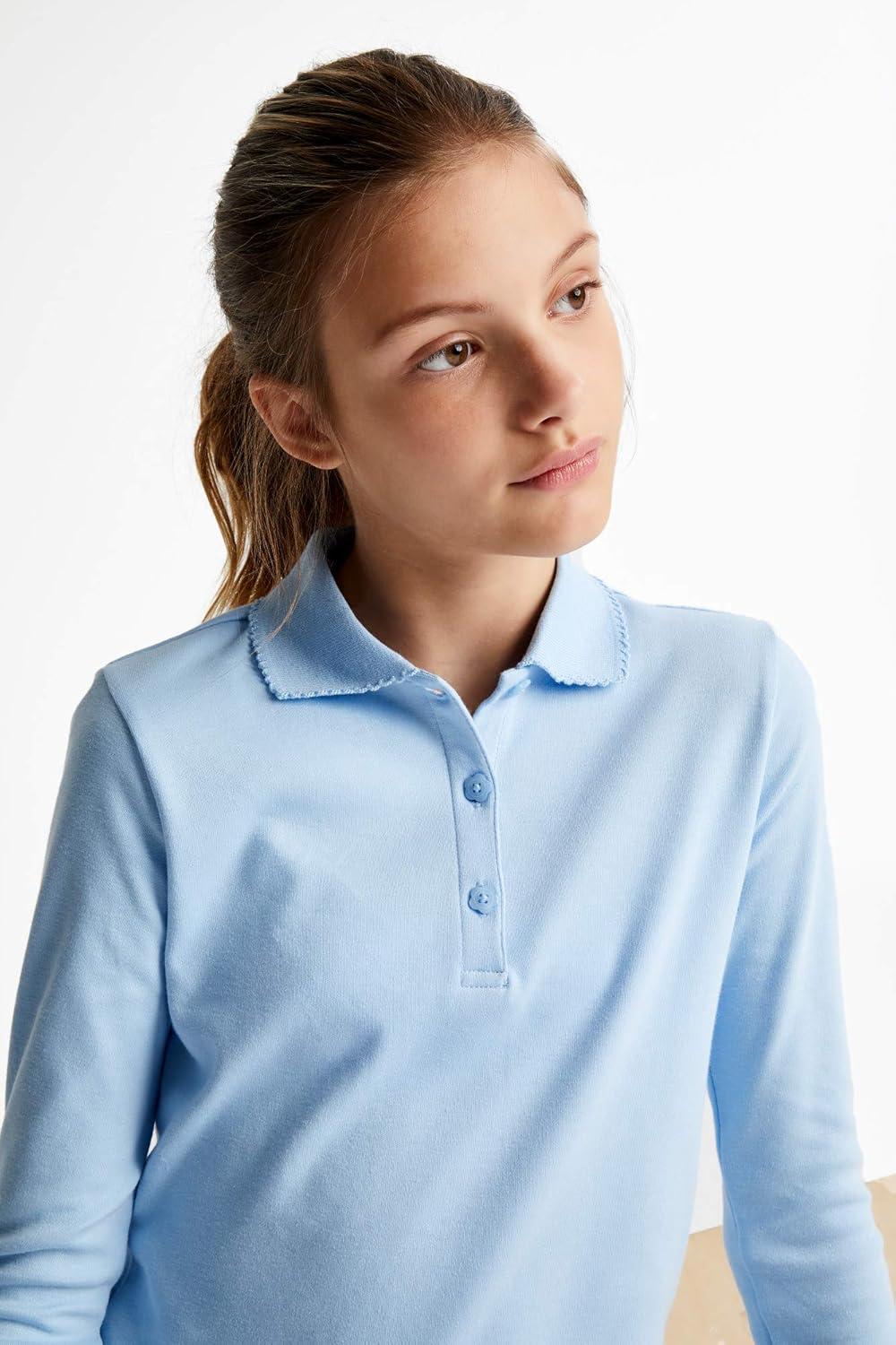 French Toast Girls Plus Size’ Uniform Long Sleeve Polo with Picot Collar (Standard & Plus)(Light Blue)