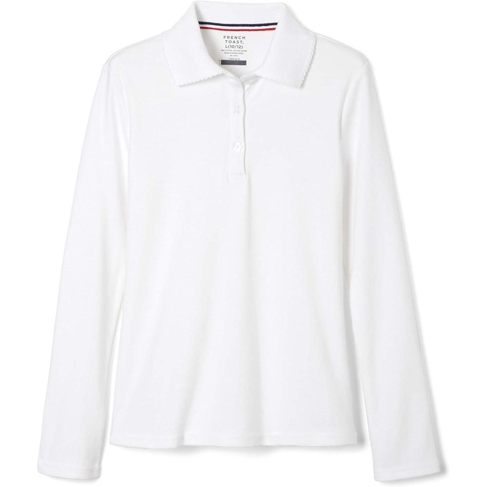 French Toast Girls Plus Size’ Uniform Long Sleeve Polo with Picot Collar (Standard & Plus)(White)
