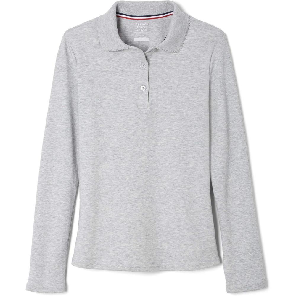 French Toast Girls Plus Size’ Uniform Long Sleeve Polo with Picot Collar (Standard & Plus)(Heather Gray)