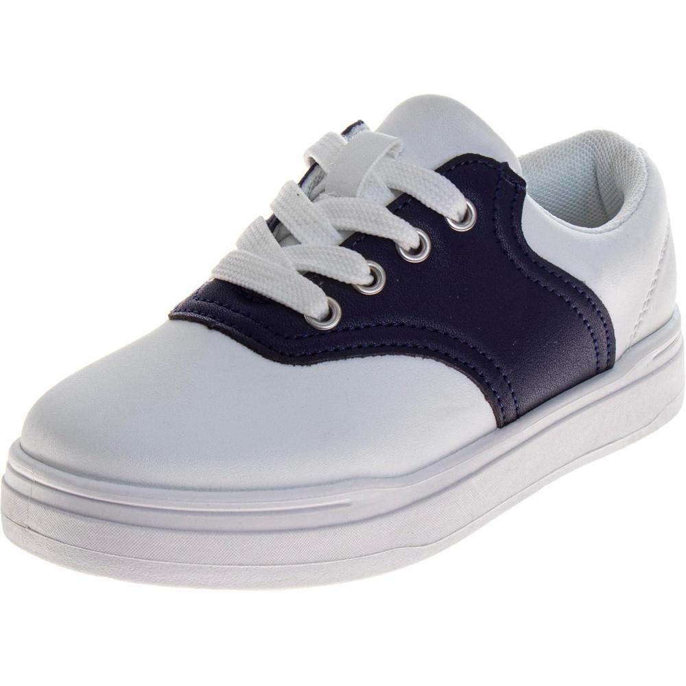 French Toast Kids Oxford Dress Shoes – Lace Up Loafer School Uniform Saddle Shoe for Girls and Boys (Sizes: 11-13 Little Kid / 1-7 Big Kid)(White/Navy)