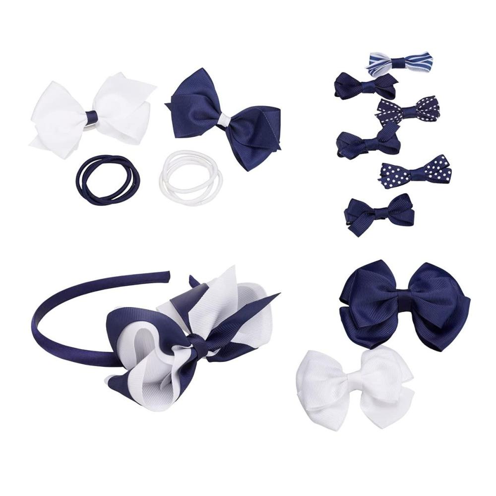 French Toast Kid’s School Uniform Bow Clips, Headband and Ponytail Holders, 4-pack, Navy Blue & White, One Size