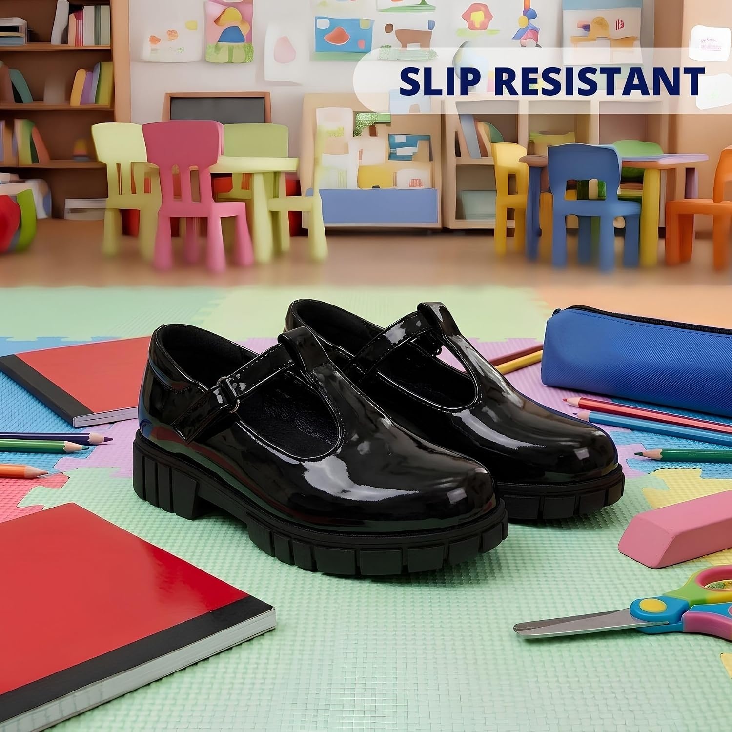 French Toast Girls Round Toe Ankle Strap Maryjane School Shoes Toddler/Little Kid/Big Kid(Black Gloss)