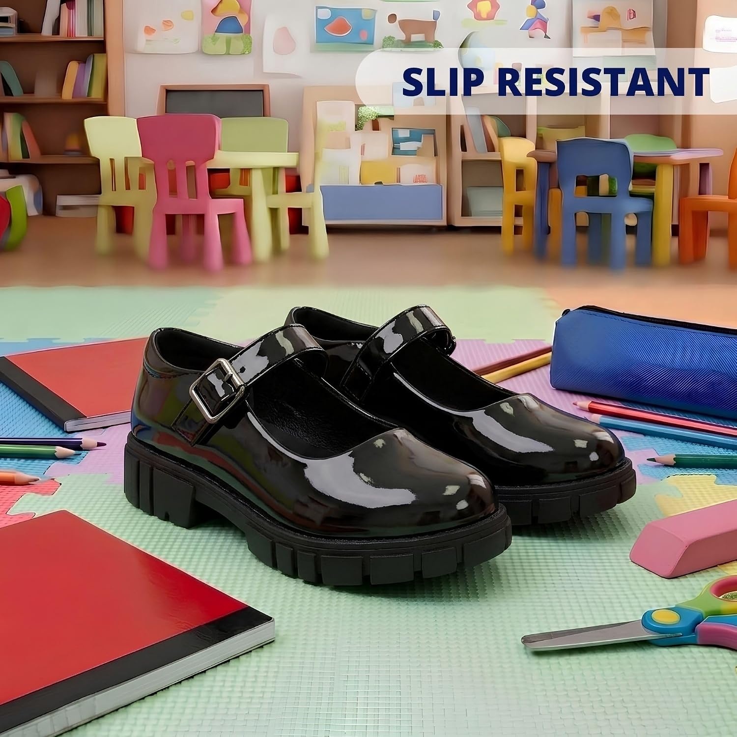 French Toast Girls Round Toe Ankle Strap Maryjane School Shoes Toddler/Little Kid/Big Kid(Black Patent)