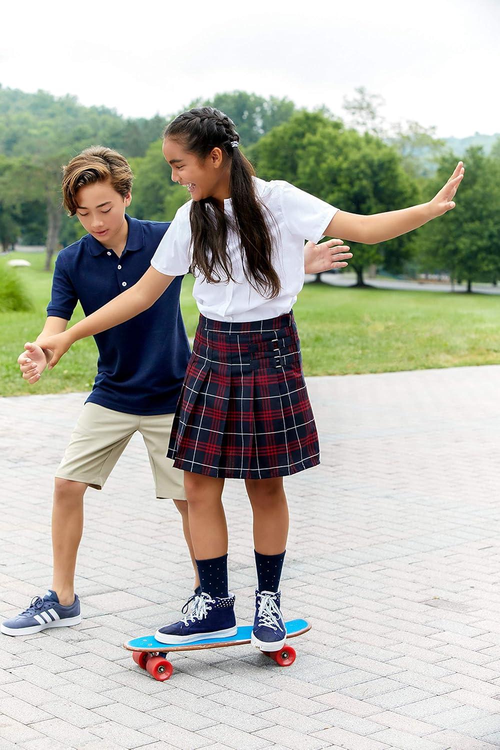 French Toast Girls’ Plaid Adjustable Waist Pleated-Front Two-tab Scooter(Navy & Red Plaid)