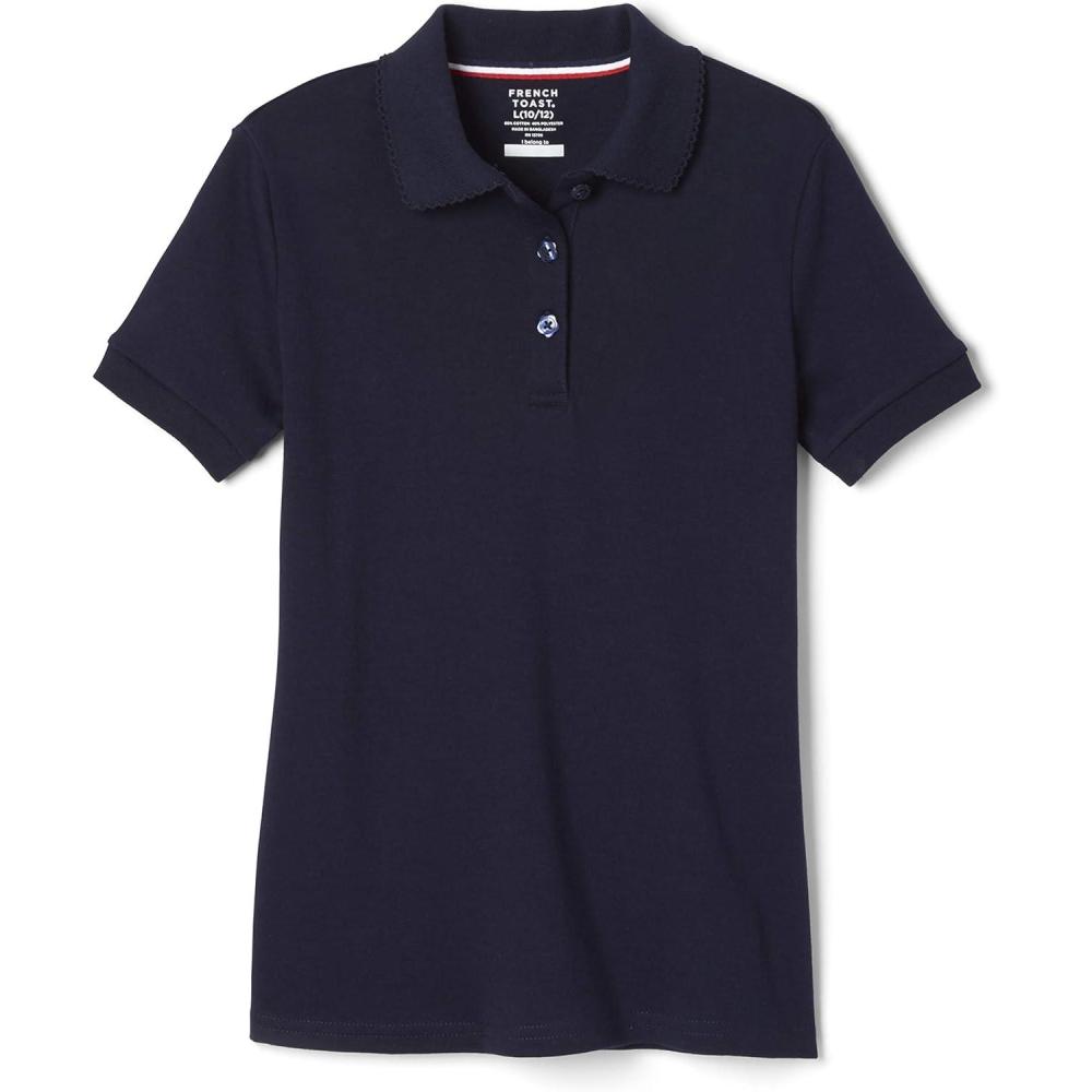 French Toast Girls’ Short Sleeve Picot Collar Polo School Uniform Shirt (Standard and Plus)(Navy)