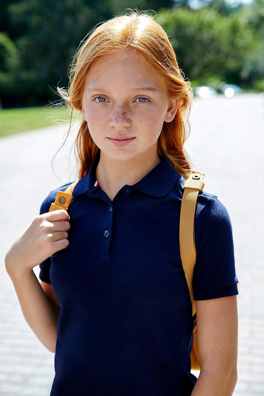 French Toast Girls’ Short Sleeve Picot Collar Polo School Uniform Shirt (Standard and Plus)(Navy)