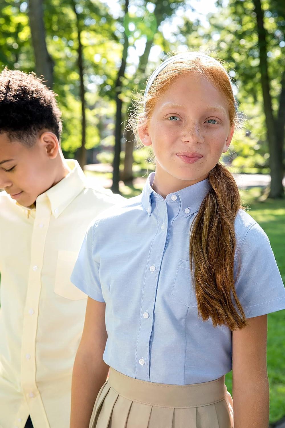 French Toast Girls’ Fitted Short Sleeve Wrinkle-Resistant Blouse(Light Blue)