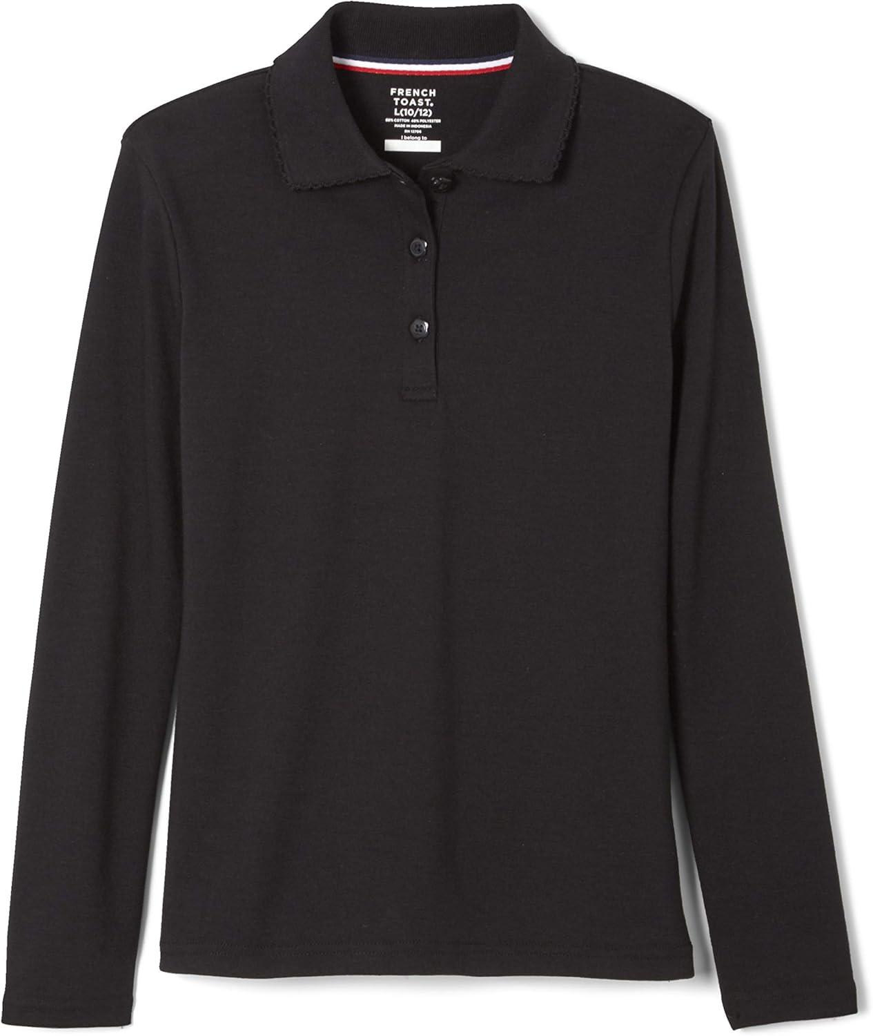 French Toast Girls’ Picot Collar Polo Shirt with Long Sleeves (Kids Standard & Plus Size)(Black/Black)