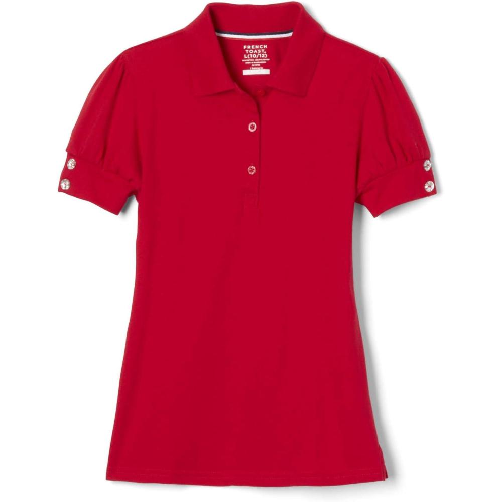 French Toast Girls Puff Sleeve Double Button Polo(Red)