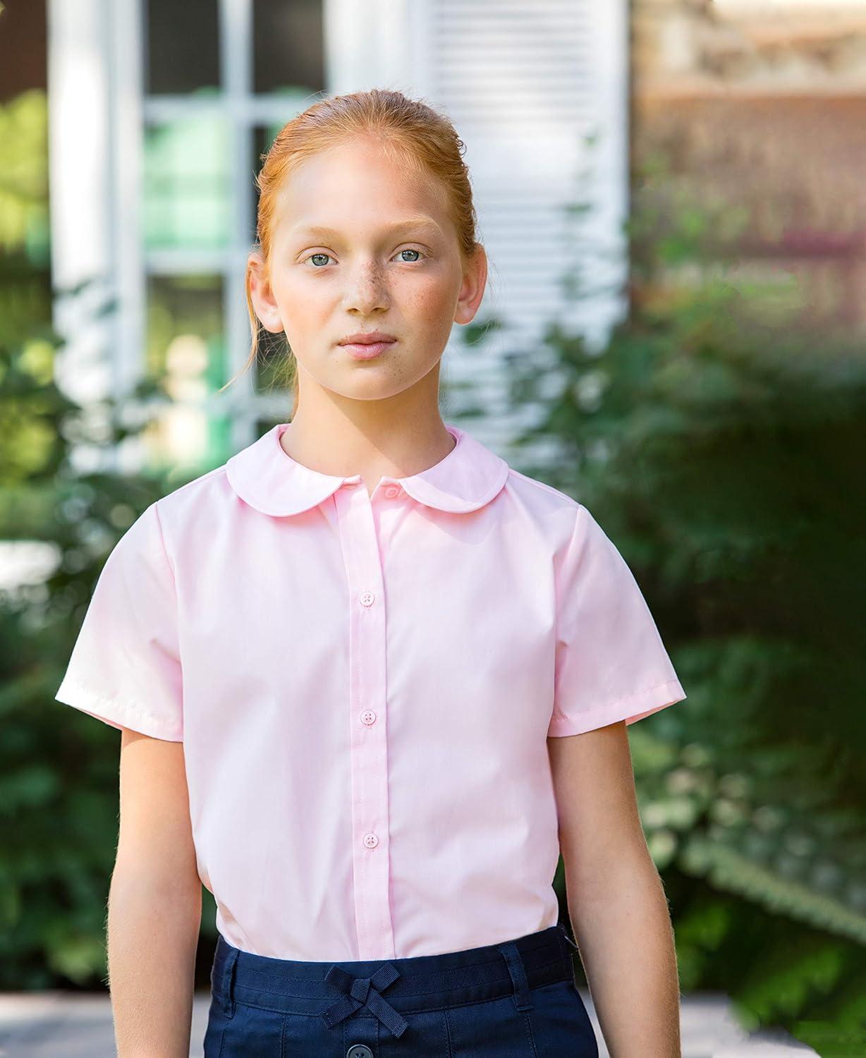 French Toast Peter Pan Collar Short Sleeve Blouse (Girls Standard & Plus Sizes), Blue,(Pink)