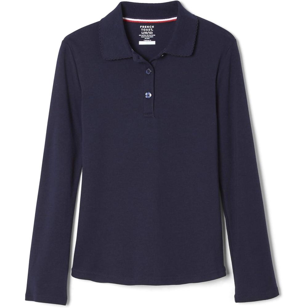 French Toast Girls’ Picot Collar Polo Shirt with Long Sleeves (Kids Standard & Plus Size)(Navy)