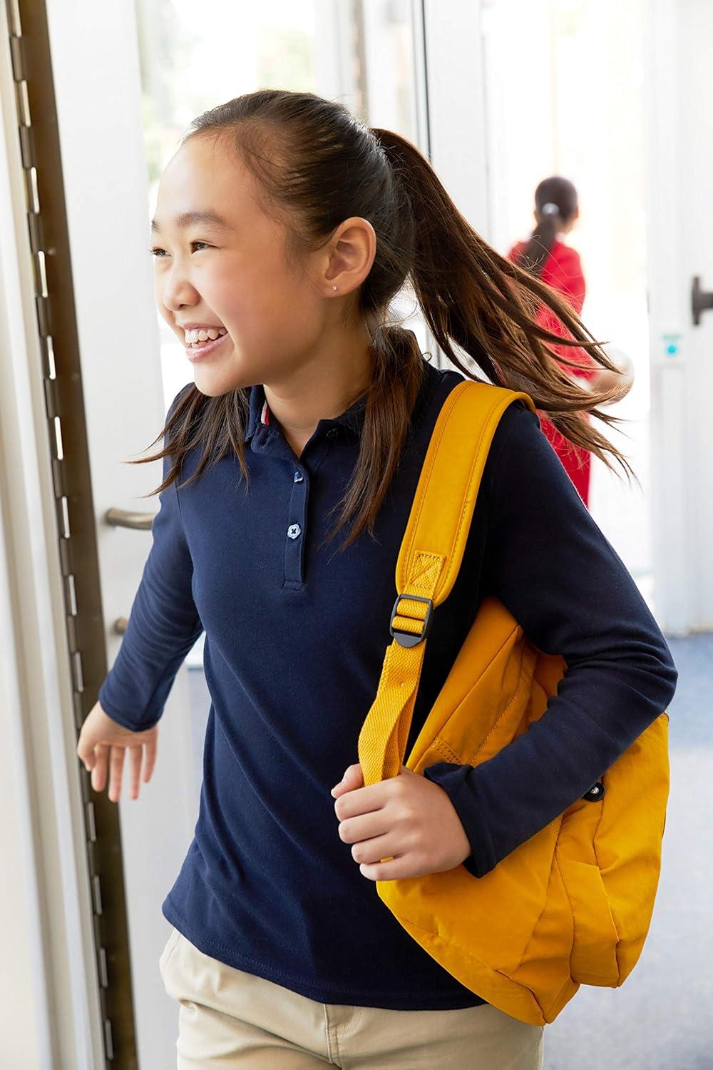 French Toast Girls’ Picot Collar Polo Shirt with Long Sleeves (Kids Standard & Plus Size)(Navy)