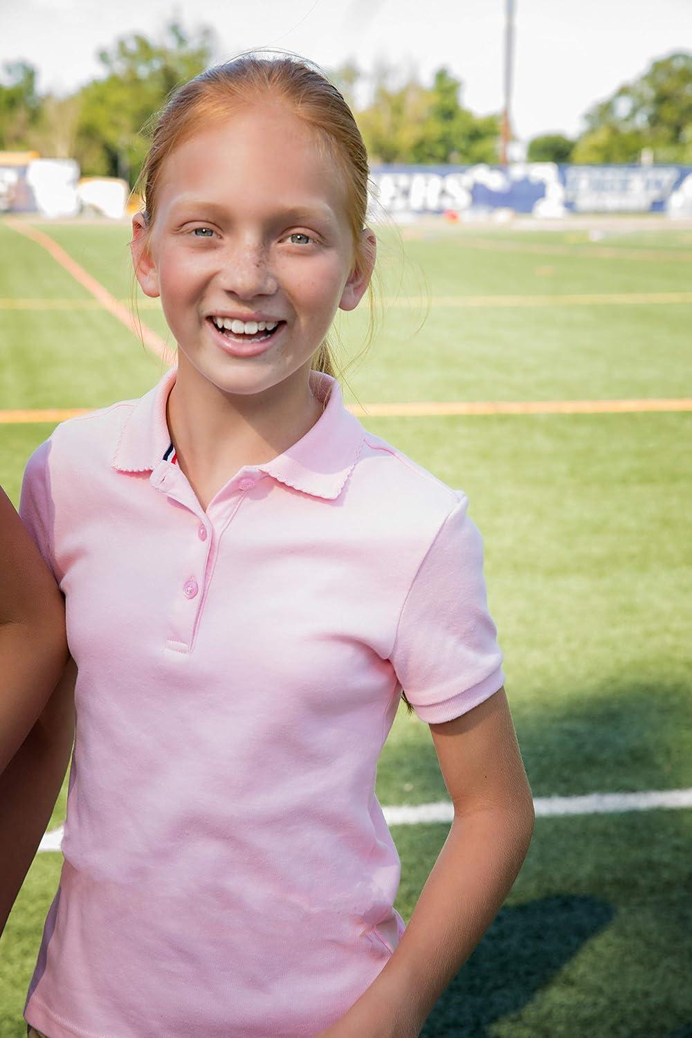 French Toast Girls’ Picot Collar Polo Short Sleeve Shirt (Kids Standard & Plus Size), Pink, 10-12