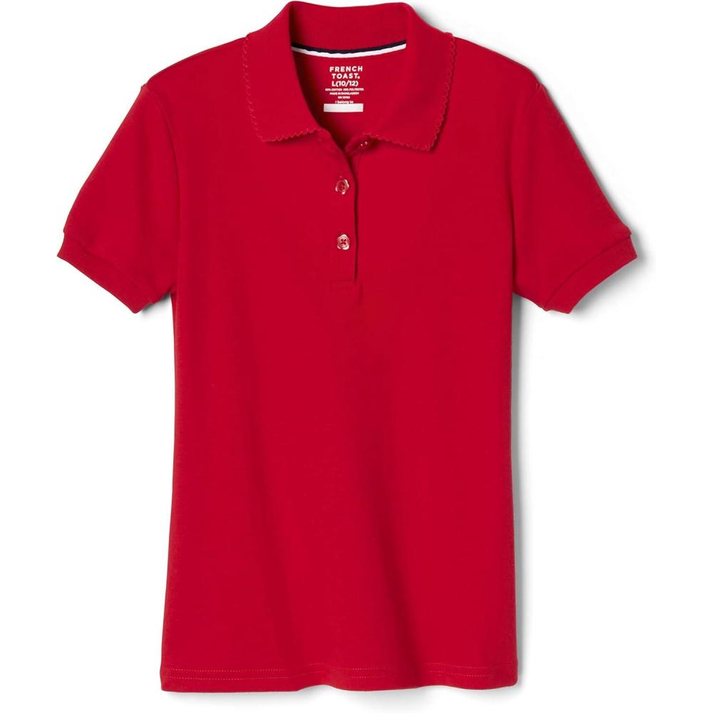 French Toast Girls’ Picot Collar Polo Short Sleeve Shirt (Kids Standard & Plus Size), Red, 10-12