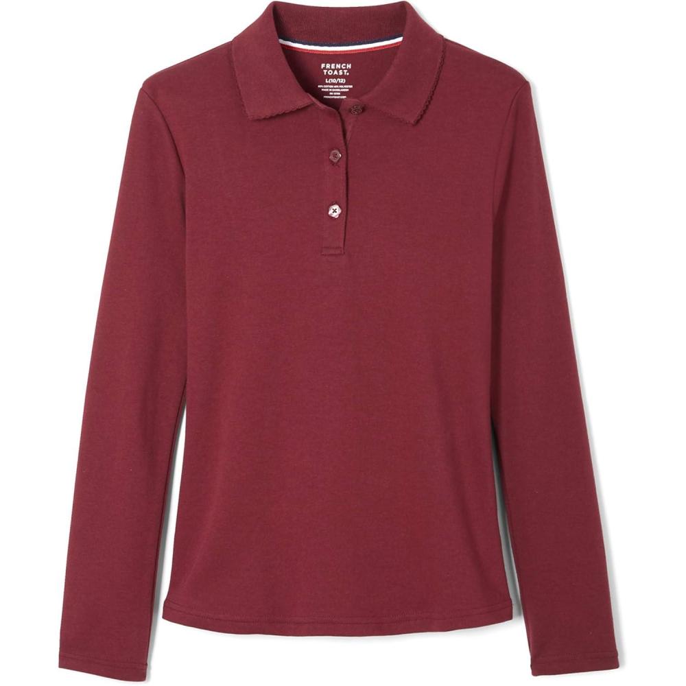 French Toast Girls’ Picot Collar Polo Shirt with Long Sleeves (Kids Standard & Plus Size)(Burgundy)