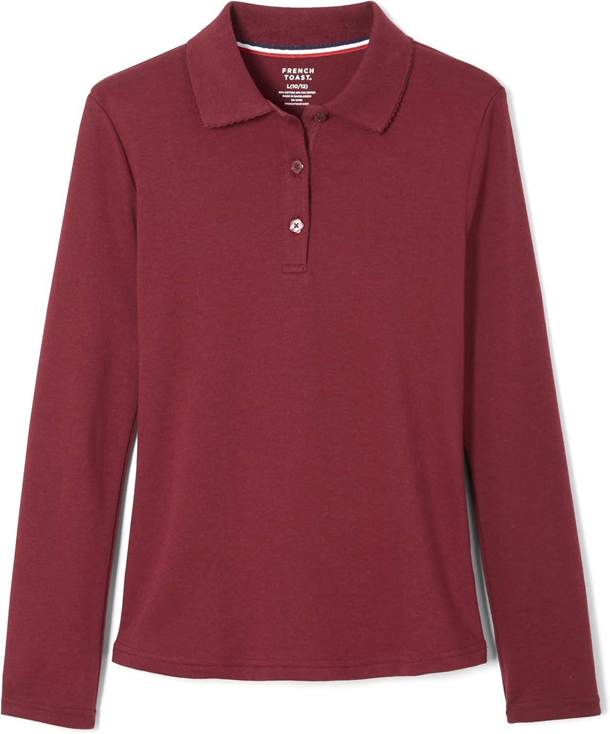 French Toast Girls’ Picot Collar Polo Shirt with Long Sleeves (Kids Standard & Plus Size)(Burgundy)