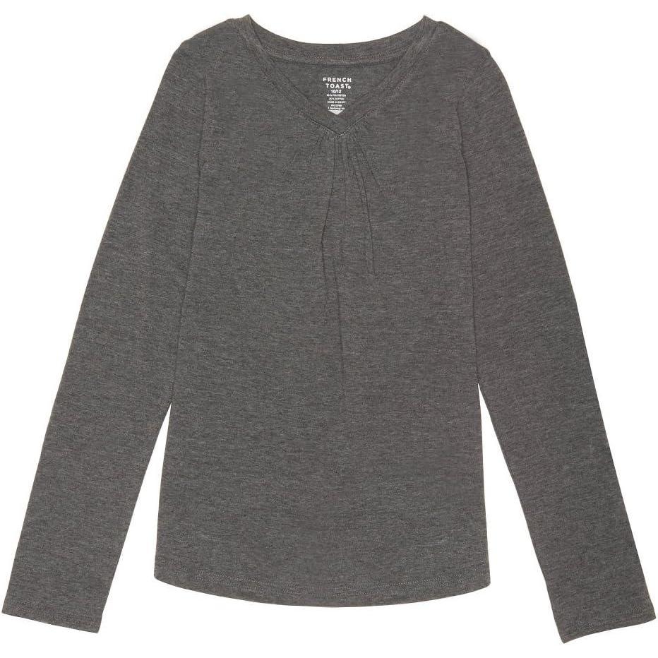 French Toast Girls’ Long Sleeve V-Neck Tee(Charcoal Heather Gray Single Dye)