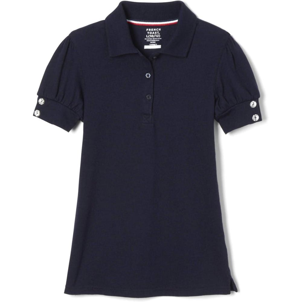French Toast Girls Puff Sleeve Double Button Polo(Navy)