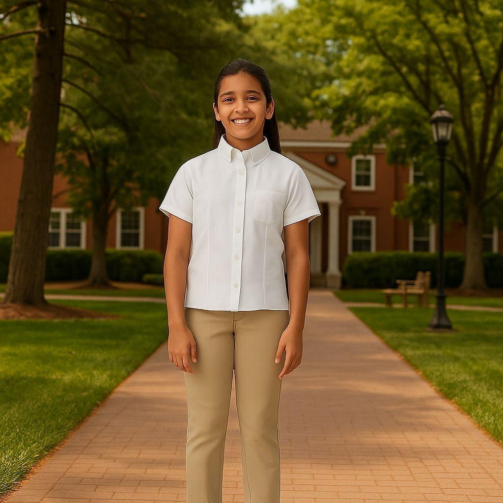 French Toast Girls’ Fitted Short Sleeve Wrinkle-Resistant Blouse(White)