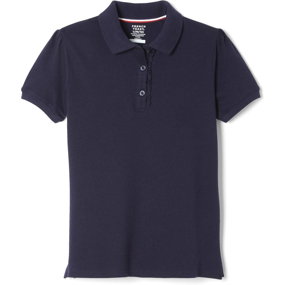 French Toast Girls’ Short Sleeve Ruffle Polo(Navy)