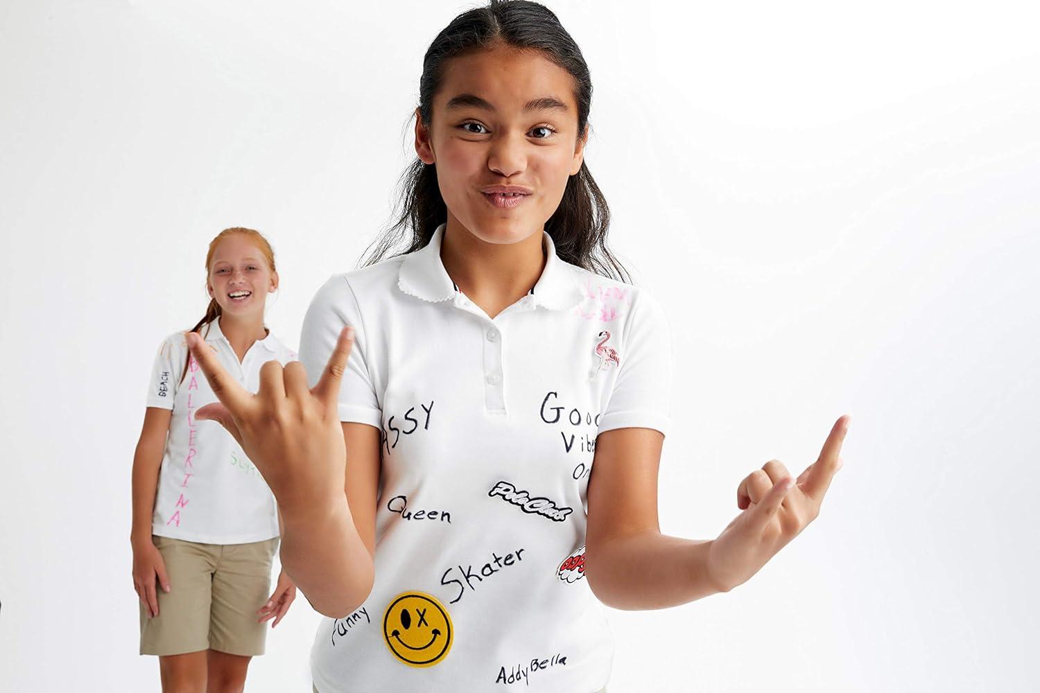French Toast Girls’ Short Sleeve Polo Shirt with Picot Collar (Standard & Plus Sizes), White, 10-12