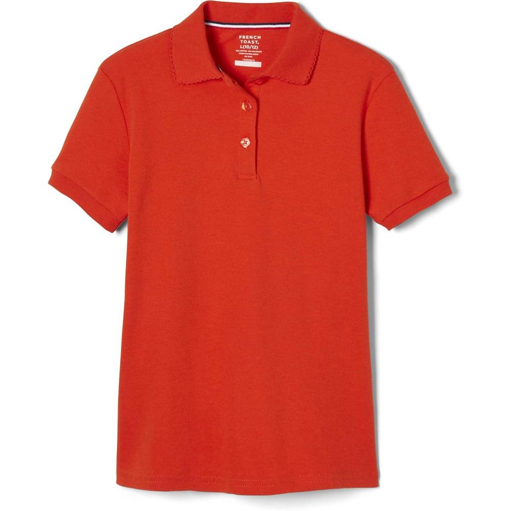 French Toast Girls’ Short Sleeve Picot Collar Polo School Uniform Shirt (Standard and Plus)(Orange)