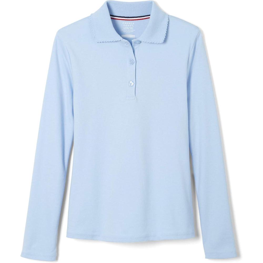 French Toast Girls’ Picot Collar Polo Shirt with Long Sleeves (Kids Standard & Plus Size)(Light Blue)