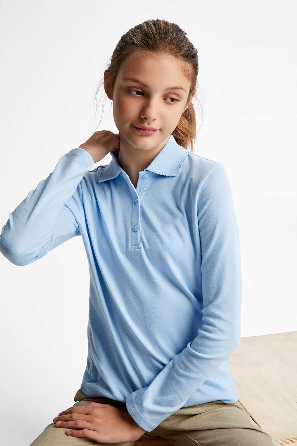 French Toast Girls’ Picot Collar Polo Shirt with Long Sleeves (Kids Standard & Plus Size)(Light Blue)