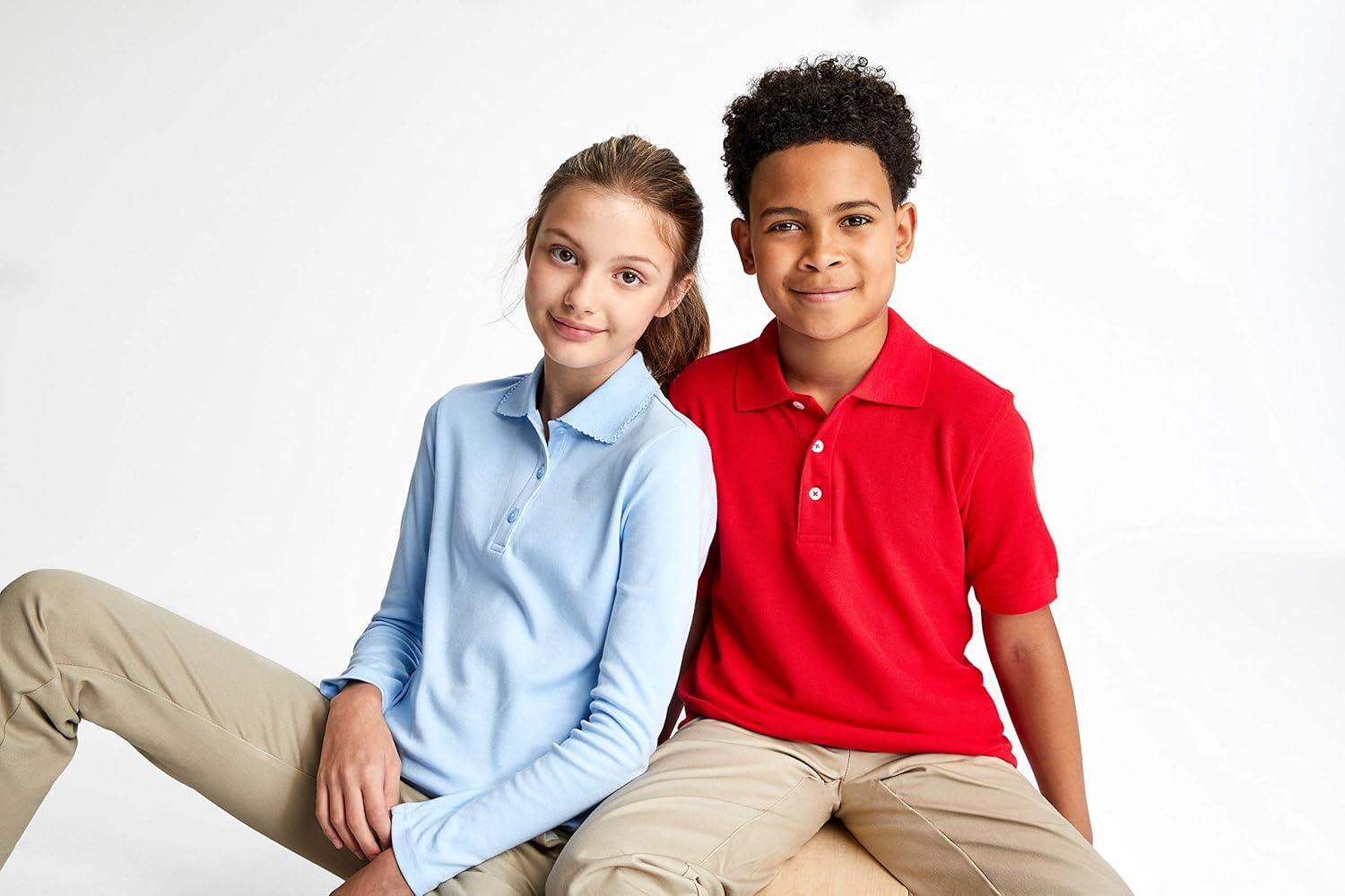French Toast Girls’ Picot Collar Polo Shirt with Long Sleeves (Kids Standard & Plus Size)(Light Blue)