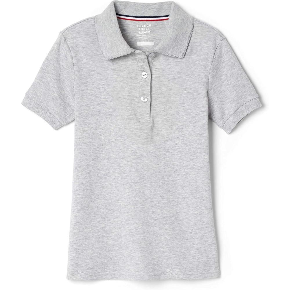 French Toast Girls’ Short Sleeve Picot Collar Polo School Uniform Shirt (Standard and Plus)(Heather Gray)