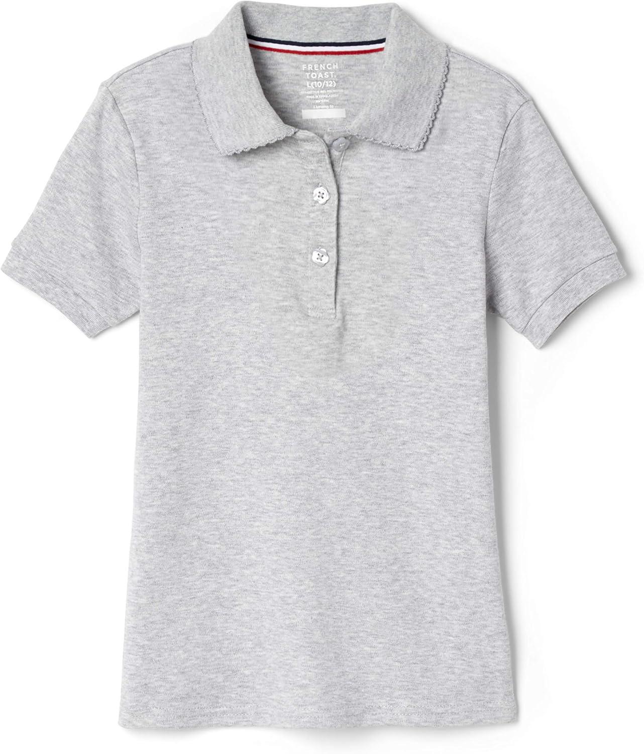 French Toast Girls’ Short Sleeve Picot Collar Polo School Uniform Shirt (Standard and Plus)(Heather Gray)