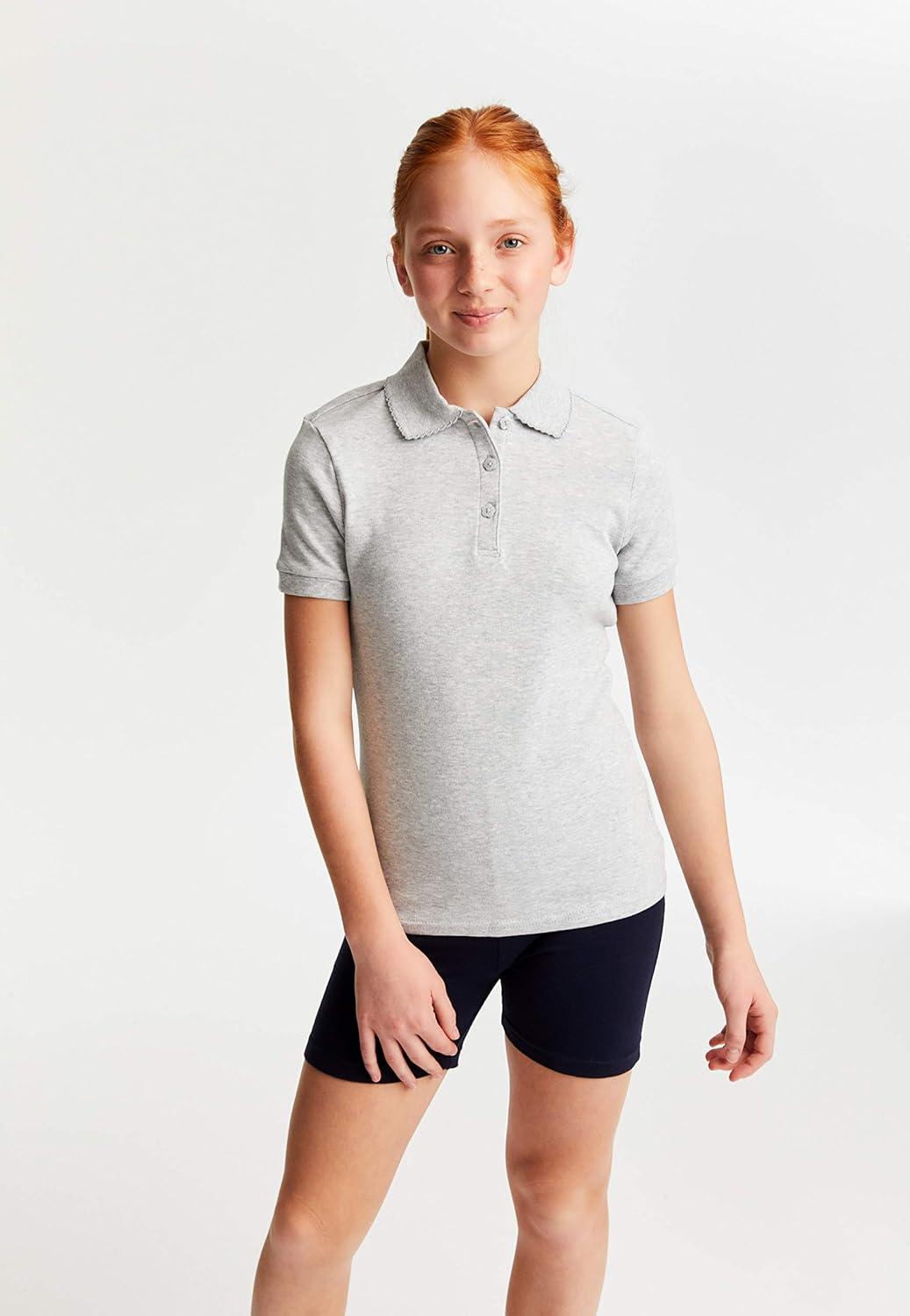 French Toast Girls’ Short Sleeve Picot Collar Polo School Uniform Shirt (Standard and Plus)(Heather Gray)