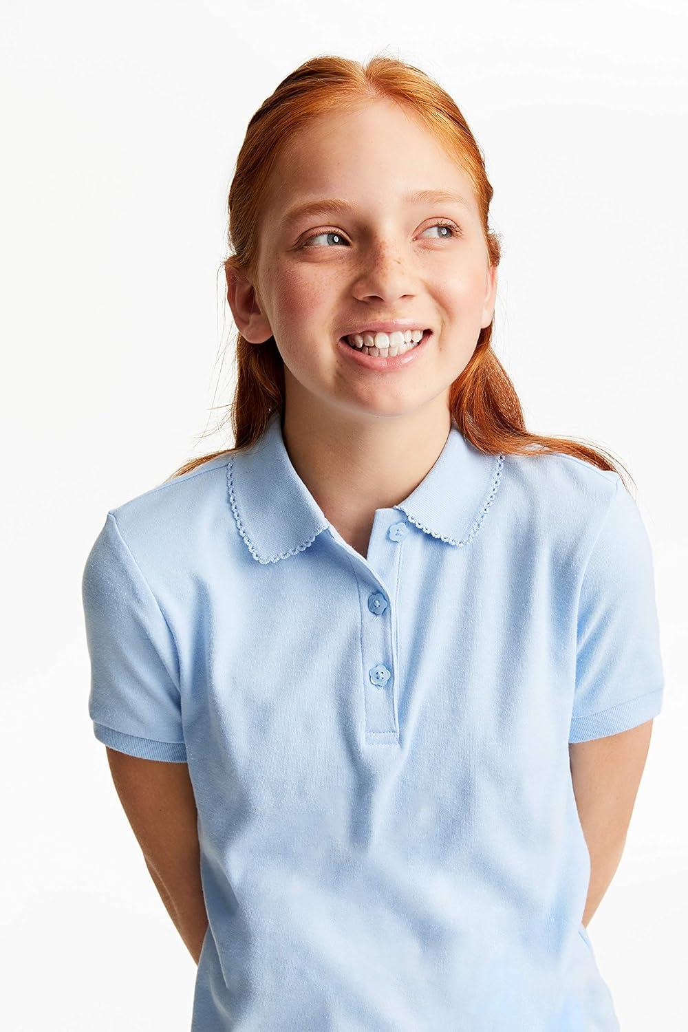 French Toast Girls’ Picot Collar Polo Short Sleeve Shirt (Kids Standard & Plus Size), Light Blue, 14-16