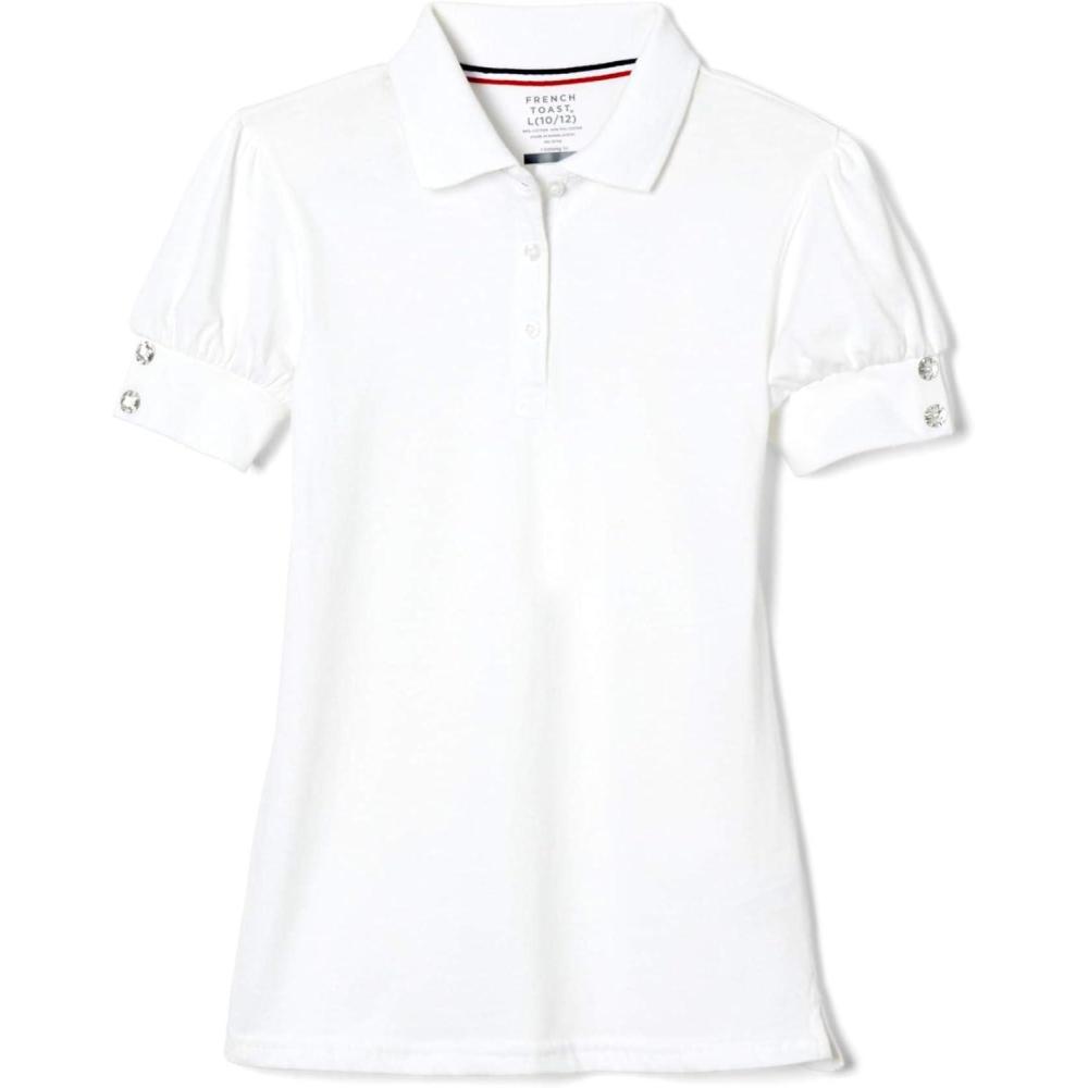 French Toast Girls Puff Sleeve Double Button Polo(White)