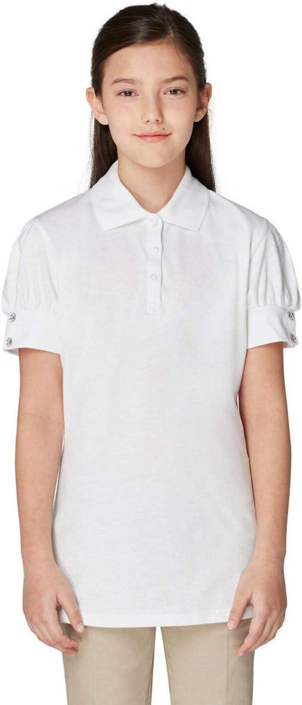 French Toast Girls Puff Sleeve Double Button Polo(White)