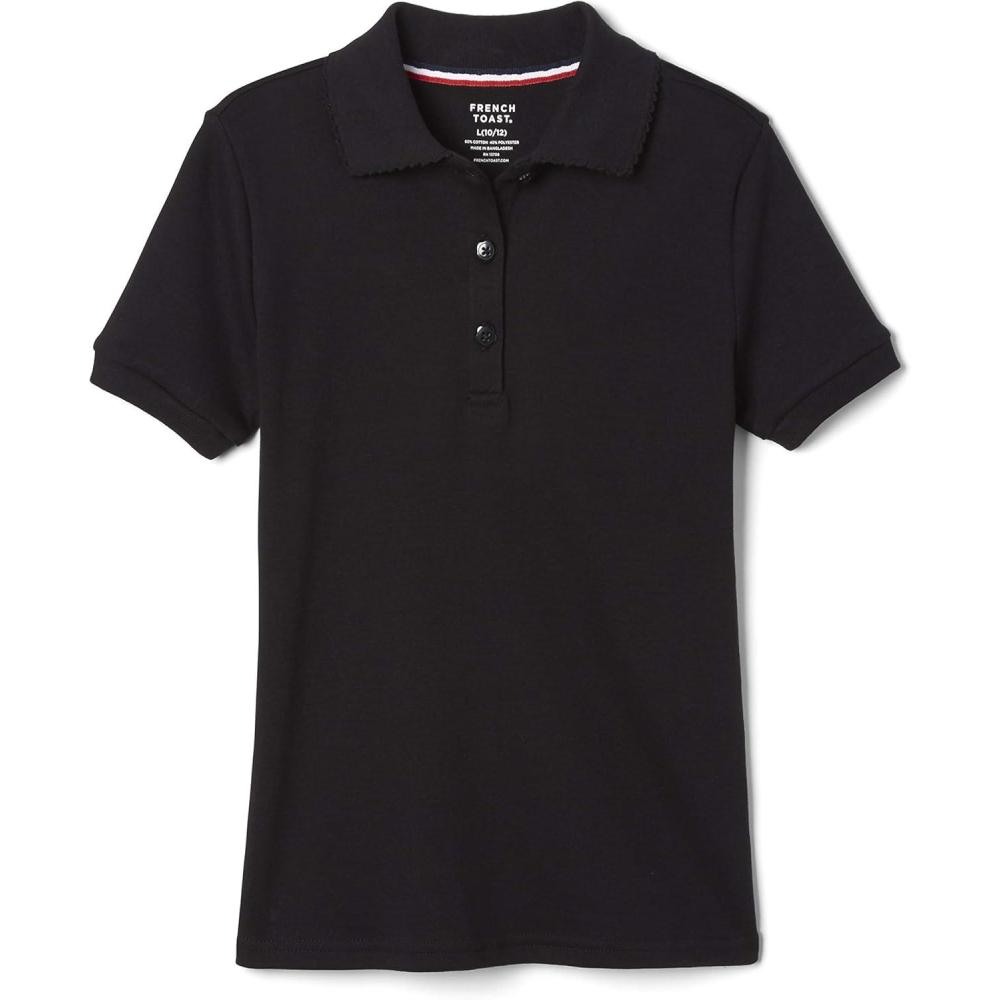 French Toast Girls’ Short Sleeve Picot Collar Polo School Uniform Shirt (Standard and Plus)(Black)