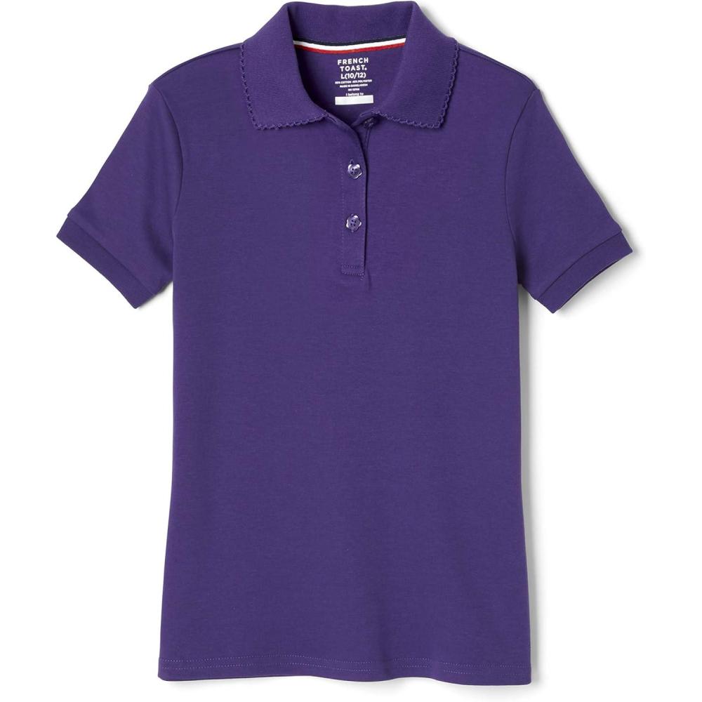 French Toast Girls’ Picot Collar Polo Short Sleeve Shirt (Kids Standard & Plus Size), Purple, 14-16