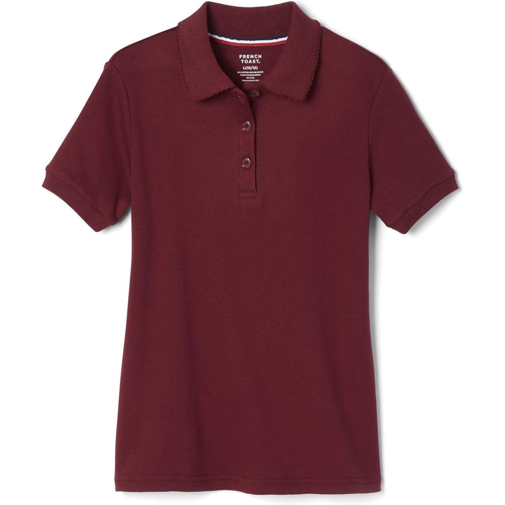 French Toast Girls’ Short Sleeve Picot Collar Polo School Uniform Shirt (Standard and Plus)(Burgundy)