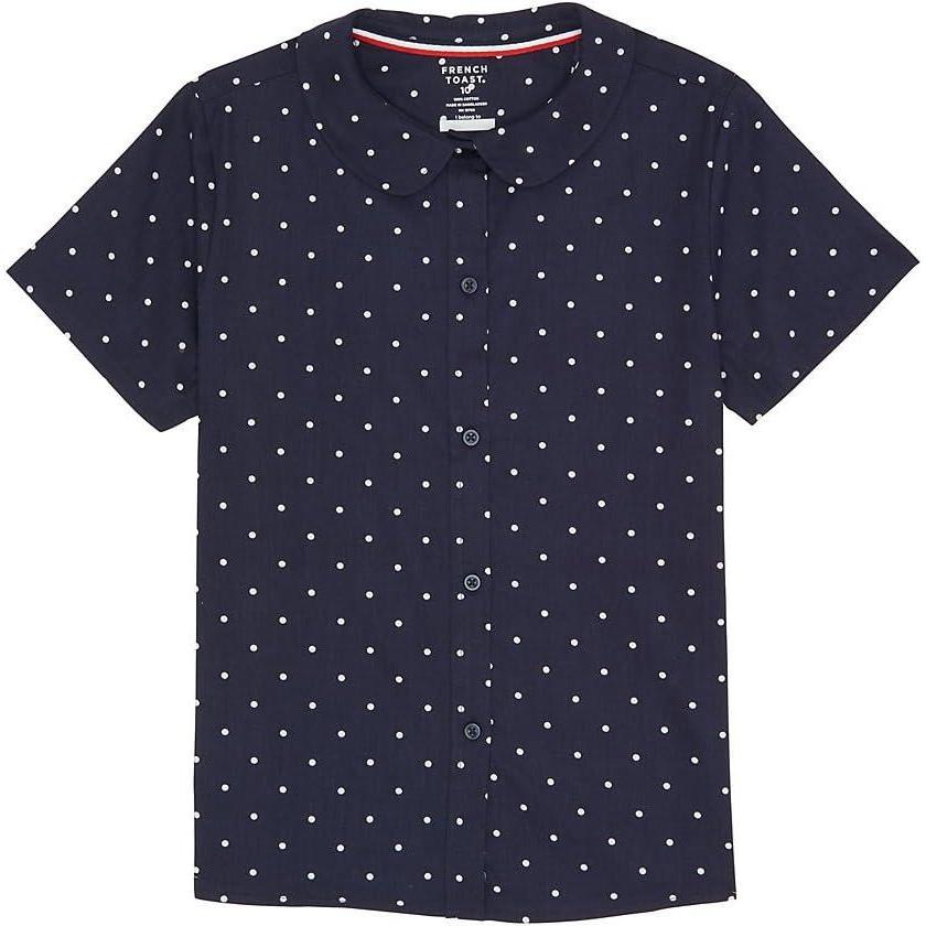 French Toast Peter Pan Collar Short Sleeve Blouse (Girls Standard & Plus Sizes), Blue,(Navy & White)