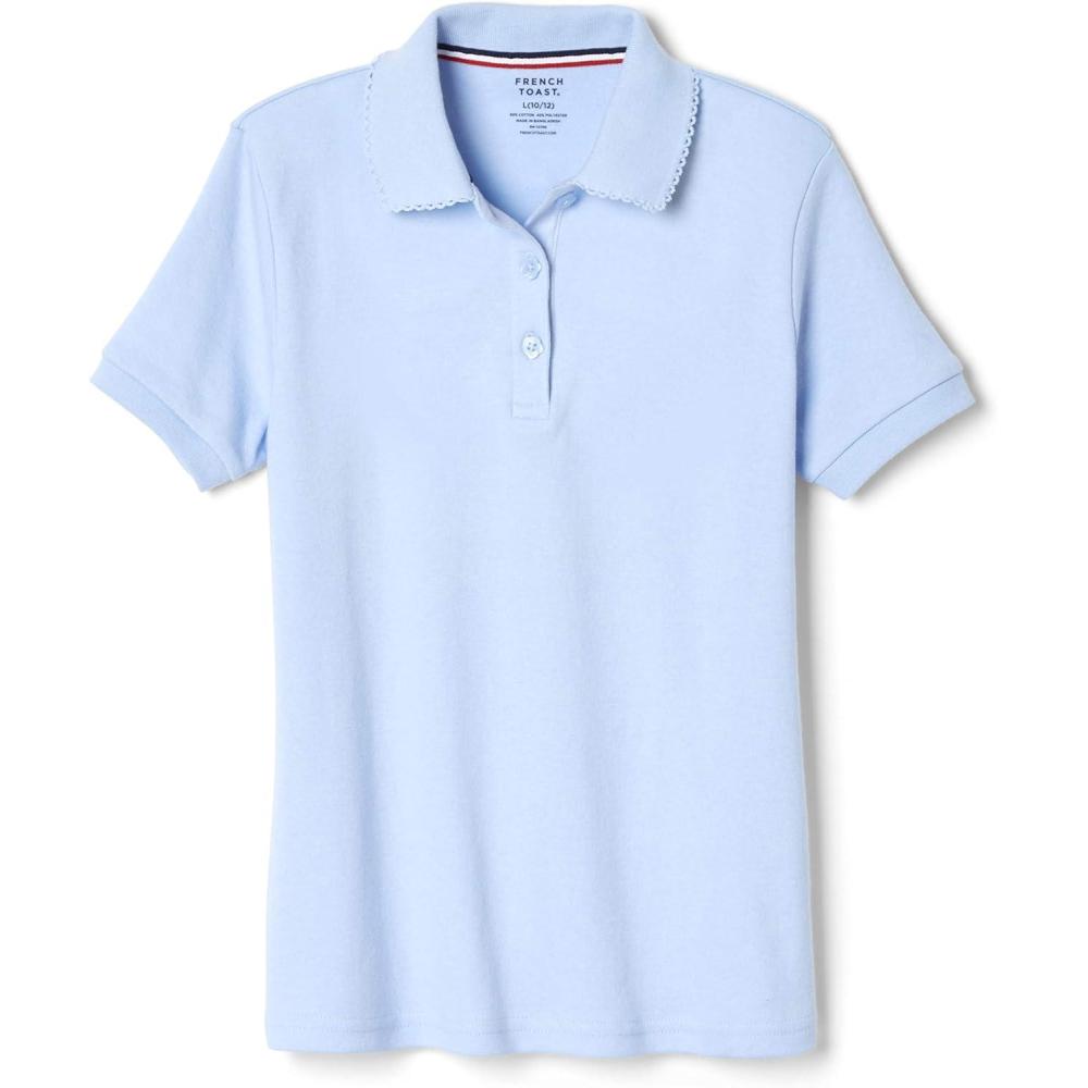 French Toast Girls’ Short Sleeve Picot Collar Polo School Uniform Shirt (Standard and Plus)(Light Blue)